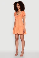Womens Square Neck Tie Front Mini Peasant Dress, Orange, Size M