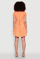 Womens Square Neck Tie Front Mini Peasant Dress, Orange, Size M