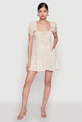 Womens Square Neck Tie Front Mini Peasant Dress,