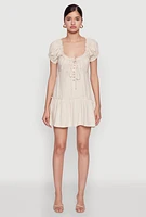 Womens Square Neck Tie Front Mini Peasant Dress,