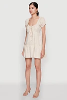 Womens Square Neck Tie Front Mini Peasant Dress,