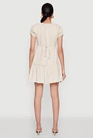 Womens Square Neck Tie Front Mini Peasant Dress,