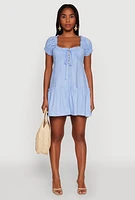 Womens Square Neck Tie Front Mini Peasant Dress, Blue, Size L