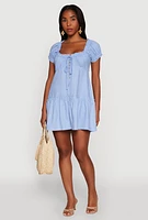 Womens Square Neck Tie Front Mini Peasant Dress, Blue, Size L