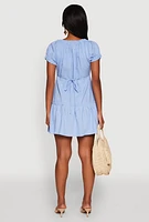 Womens Square Neck Tie Front Mini Peasant Dress, Blue, Size L
