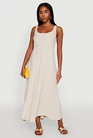 Womens Linen Smocked Back Tank Dress, Beige, Size S