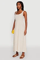Womens Linen Smocked Back Tank Dress, Beige, Size S