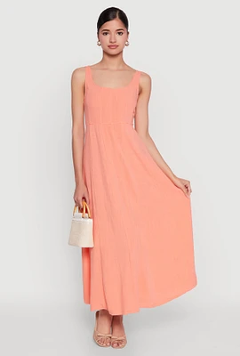 Womens Linen Smocked Back Tank Dress, Orange,