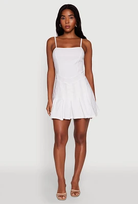 Womens Square Neck Pleated Skater Dress, White, Size L