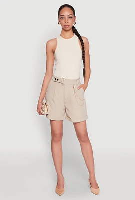 Womens Chain Detail Tailored Shorts, Khaki, Size L
