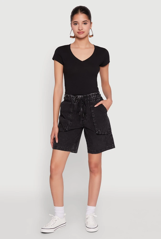 Womens Poplin Drawstring Bermuda Shorts, Black, Size XL