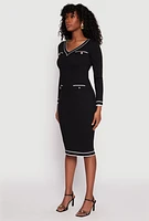 Womens Daisy Ribbed Knit Contrast Trim Sweater Dress,