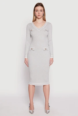 Womens Daisy Ribbed Knit Contrast Trim Sweater Dress,