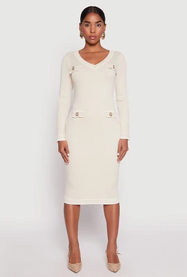 Womens Daisy Ribbed Knit Contrast Trim Sweater Dress, Beige, Size XL