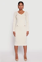 Womens Daisy Ribbed Knit Contrast Trim Sweater Dress, Beige, Size XL