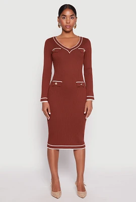 Womens Daisy Ribbed Knit Contrast Trim Sweater Dress, Brown,