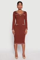 Womens Daisy Ribbed Knit Contrast Trim Sweater Dress, Brown,