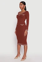 Womens Daisy Ribbed Knit Contrast Trim Sweater Dress, Brown,