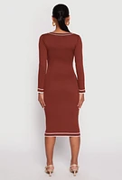 Womens Daisy Ribbed Knit Contrast Trim Sweater Dress, Brown,