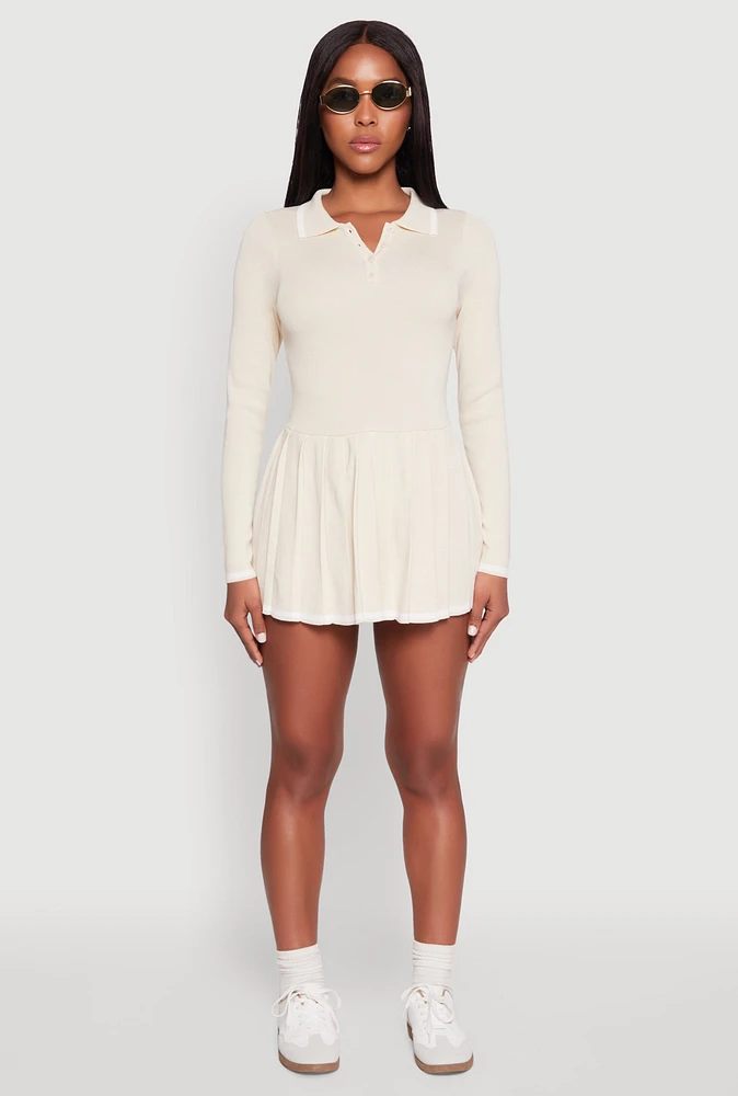 Womens Daisy Pleated Contrast Trim Sweater Dress, Beige, Size M