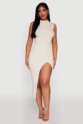 Womens Madden Girl Sleeveless Bodycon Dress with Mock Neck and Side Slit, Beige,