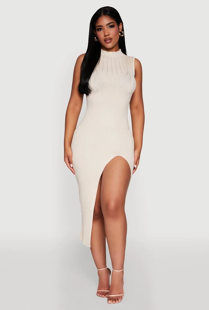 Womens Madden Girl Sleeveless Bodycon Dress with Mock Neck and Side Slit, Beige, Size L