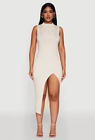 Womens Madden Girl Sleeveless Bodycon Dress with Mock Neck and Side Slit, Beige,