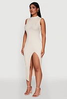 Womens Madden Girl Sleeveless Bodycon Dress with Mock Neck and Side Slit, Beige,