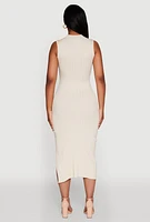 Womens Madden Girl Sleeveless Bodycon Dress with Mock Neck and Side Slit, Beige,