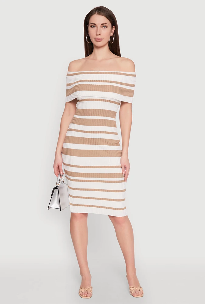 Womens Almost Famous Off the Shoulder Striped Dress, Beige, Size XL