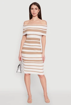 Womens Almost Famous Off the Shoulder Striped Dress, Beige, Size XL