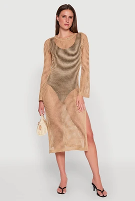 Womens Almost Famous Crochet Side Slit Maxi Dress, Beige, Size S