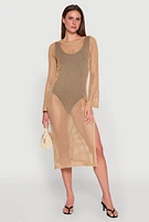 Womens Almost Famous Crochet Side Slit Maxi Dress, Beige, Size S