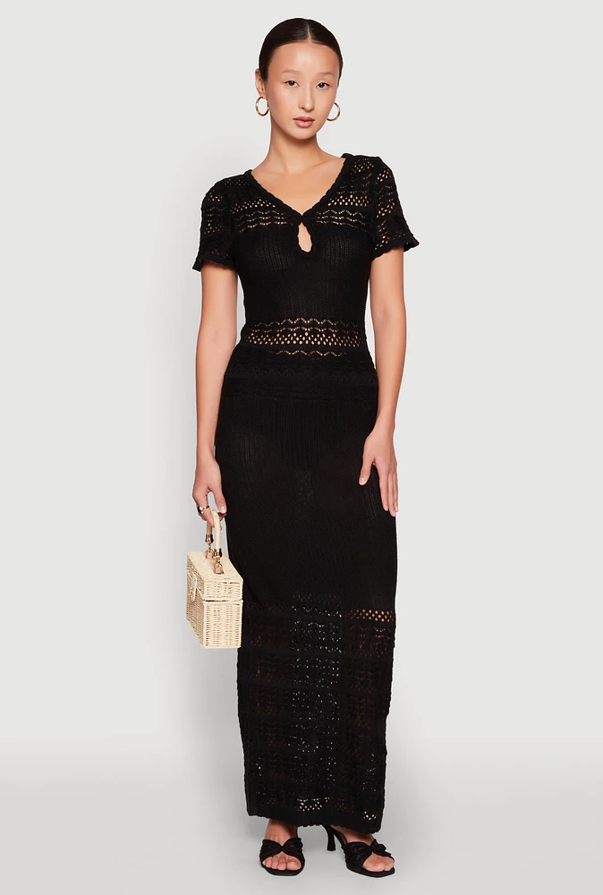 Womens Almost Famous Short Sleeve Pointelle Maxi Dress, Black,