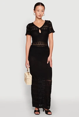 Womens Almost Famous Short Sleeve Pointelle Maxi Dress, Black,