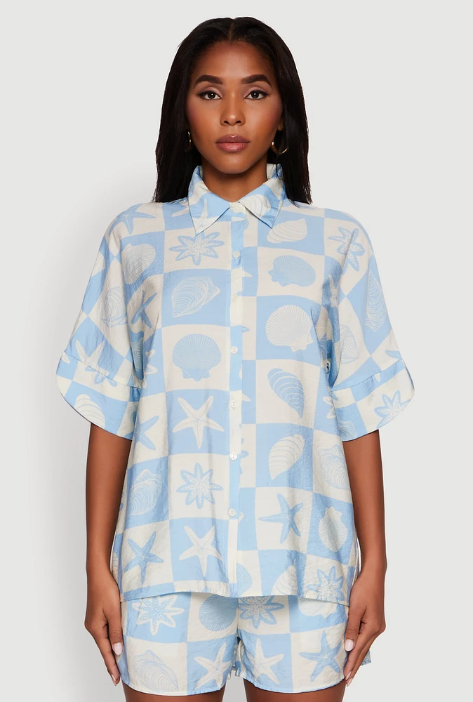 Womens Beach Print Shirt with Short Sleeves and Classic Fit, Blue, Size M