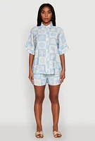 Womens Beach Print Shirt with Short Sleeves and Classic Fit, Blue, Size M