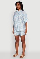 Womens Beach Print Shirt with Short Sleeves and Classic Fit, Blue, Size M