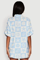 Womens Beach Print Shirt with Short Sleeves and Classic Fit, Blue, Size M
