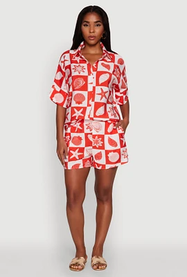 Womens Trendy Crepe Knit High Waisted Beach Print Shorts, Red, Size XL