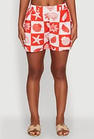 Womens Trendy Crepe Knit High Waisted Beach Print Shorts, Red, Size XL