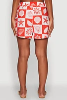 Womens Trendy Crepe Knit High Waisted Beach Print Shorts, Red, Size XL
