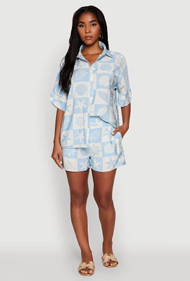 Womens Trendy Crepe Knit High Waisted Beach Print Shorts,