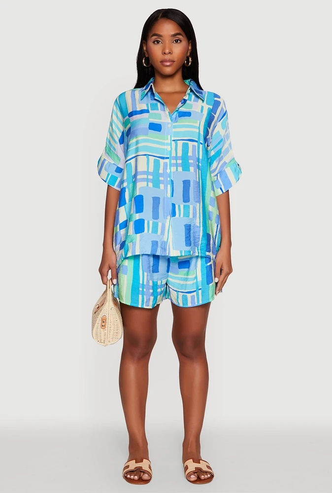 Womens Abstract Geometric Print Airy Shorts, Blue, Size L