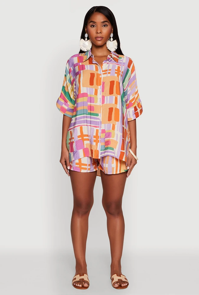 Womens Abstract Geometric Print Airy Shorts, Multi, Size S
