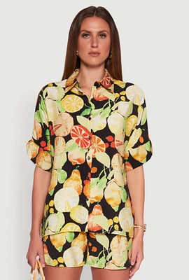 Womens Airy Fruit Print Button Front Shirt, Black, Size XL
