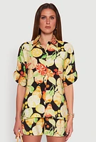 Womens Airy Fruit Print Button Front Shirt, Black, Size XL