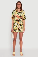 Womens Airy Fruit Print Button Front Shirt, Black, Size XL