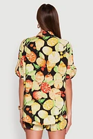 Womens Airy Fruit Print Button Front Shirt, Black, Size XL