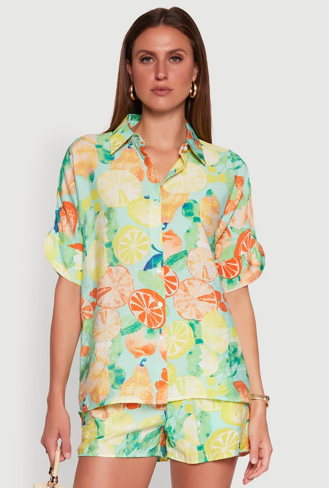 Womens Airy Fruit Print Button Front Shirt, Multi, Size M